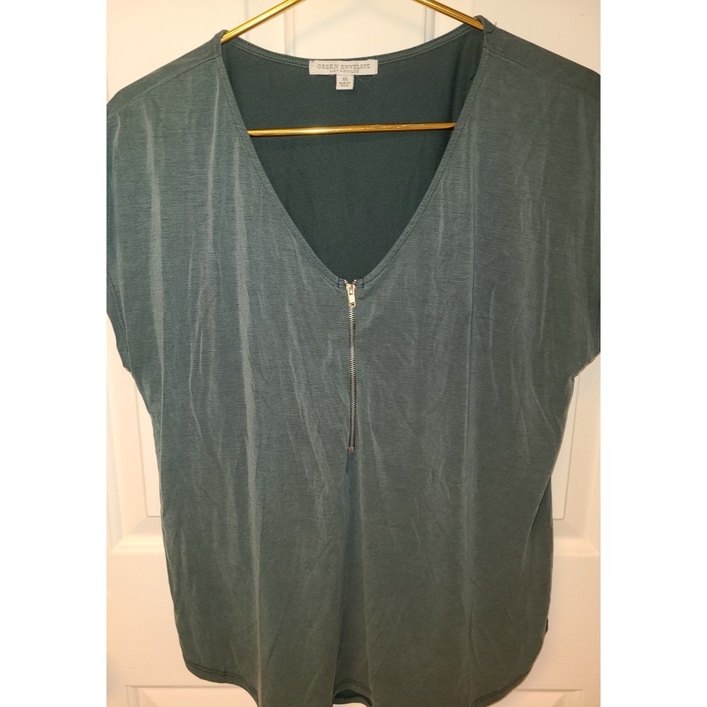 GREEN ENVELOPE Los Angeles Olive Green Zip front, Lagenlook, Silky Feel sz Med